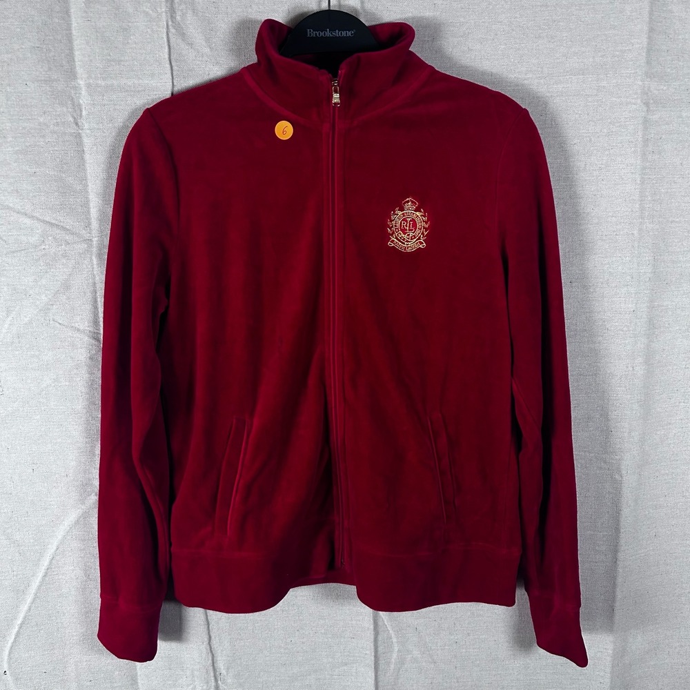 Lauren Active Ralph Lauren Red Velour Zip Up Track Jacket Petite Medium RL Crest